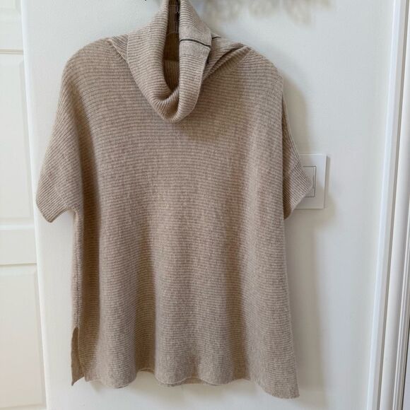 Griffen Cashmere Side Zip Cowl Neck Short Sleeve Sweater Top in Beige M - Picture 2 of 9